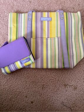 Longaberger Lavender, Yellow & Green Striped Tote with Matching Wallet